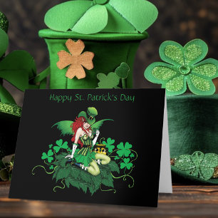 Carte Chance Trèfle Vert Fée Rouge Cheveux Shamrock