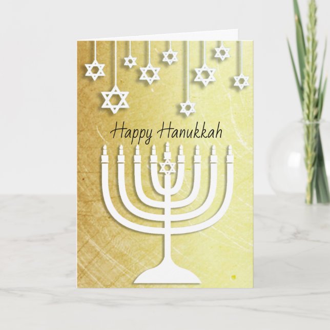 Carte Chandeliers en or et blanc Joyeux Hanukkah (Devant)