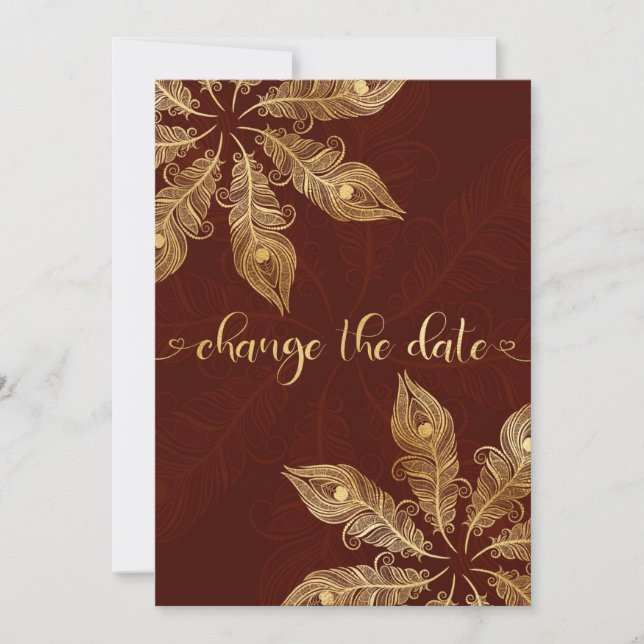 Carte Change the date card with gold peacock feathers (Devant)