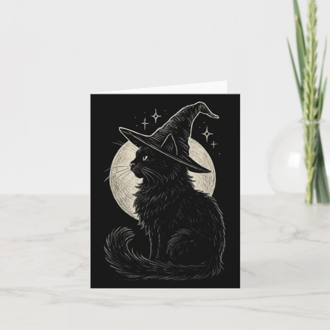 Carte Chapeau de sorcière chat noir mignon lune Rétro Co (Devant)