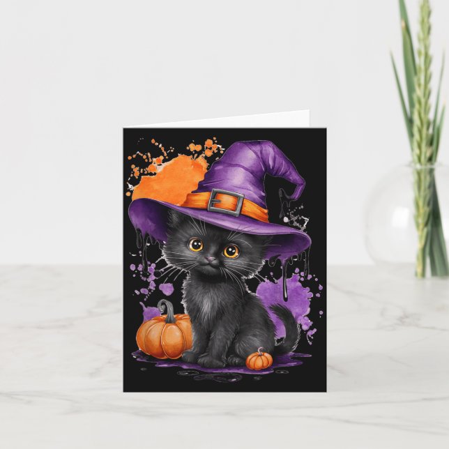 Carte Chapeau de sorcière de chat noir Halloween mignon  (Devant)