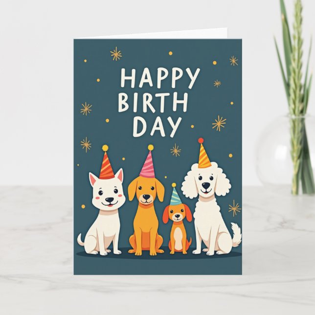 Carte Chapeaux de Fête Chiots Joyeux (Devant)