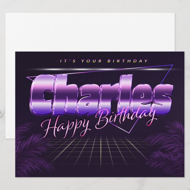 Carte Charles Name Prénom lila retro (Devant / Derrière)