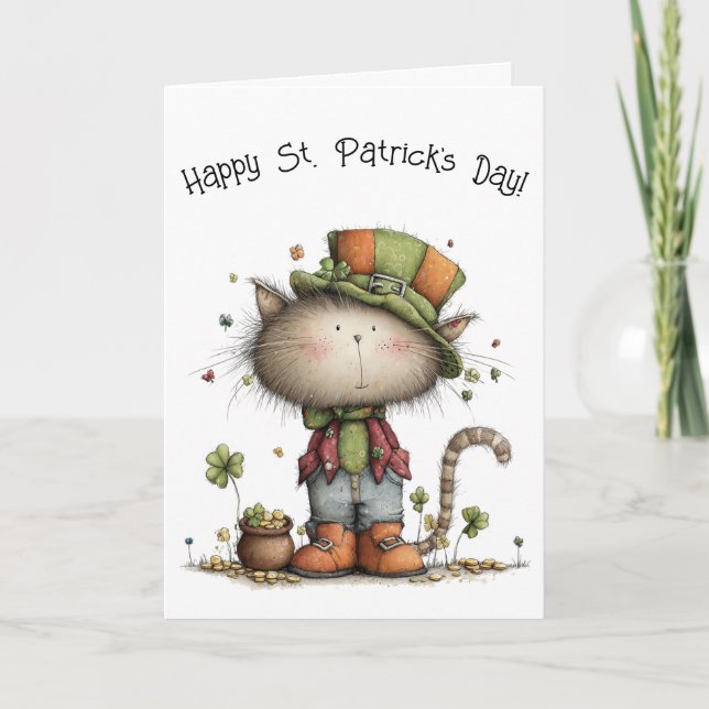 Carte Charmant chat et pot d'or de la Saint-Patrick (Devant)