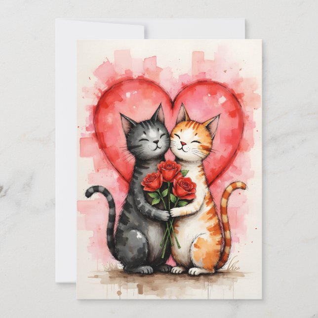 Carte Charming Cats Valentine Hearts and Red Roses (Devant)