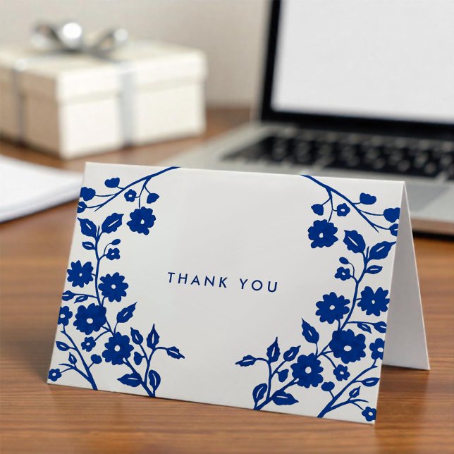 Carte Charming Marine Blue Folk Flowers Merci Personnali (Créateur téléchargé)