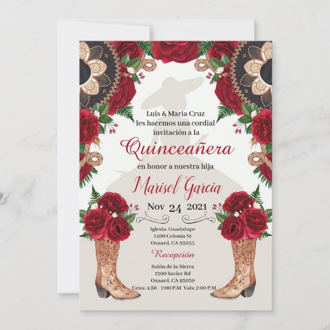 Carte Charra Quinceanera Invitation, Red Roses Mariachi (Devant)