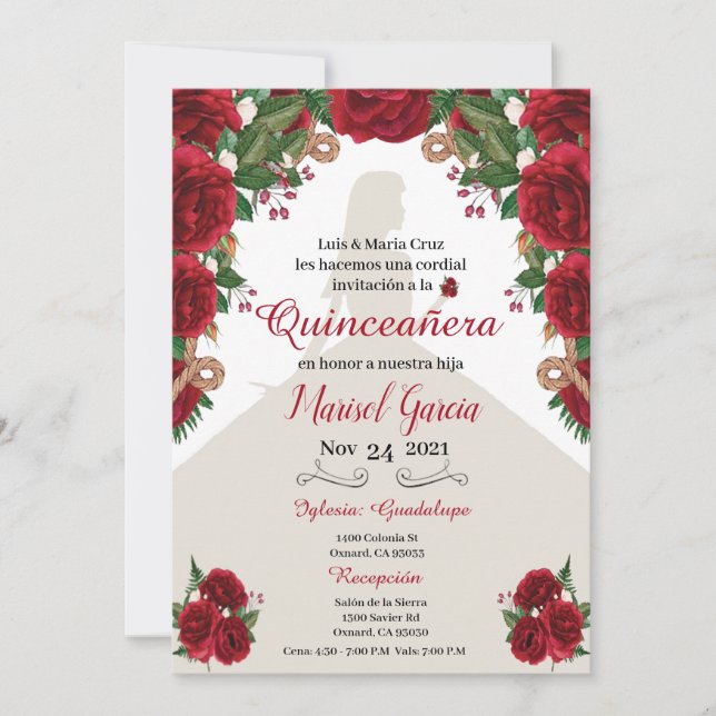 Carte Charra Quinceanera Invitation, Red Roses Ouest (Devant)