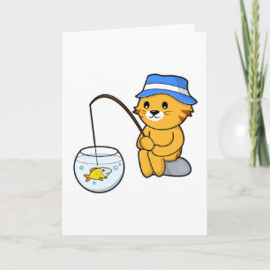 Carte Chat à la pêche avec du poisson dans du verre