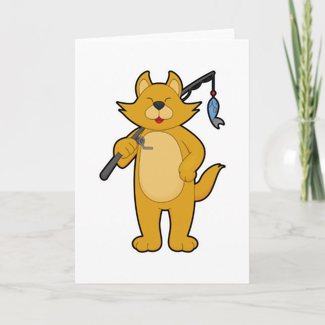 Carte Chat à la pêche avec la baguette de pêche et le po (Devant)