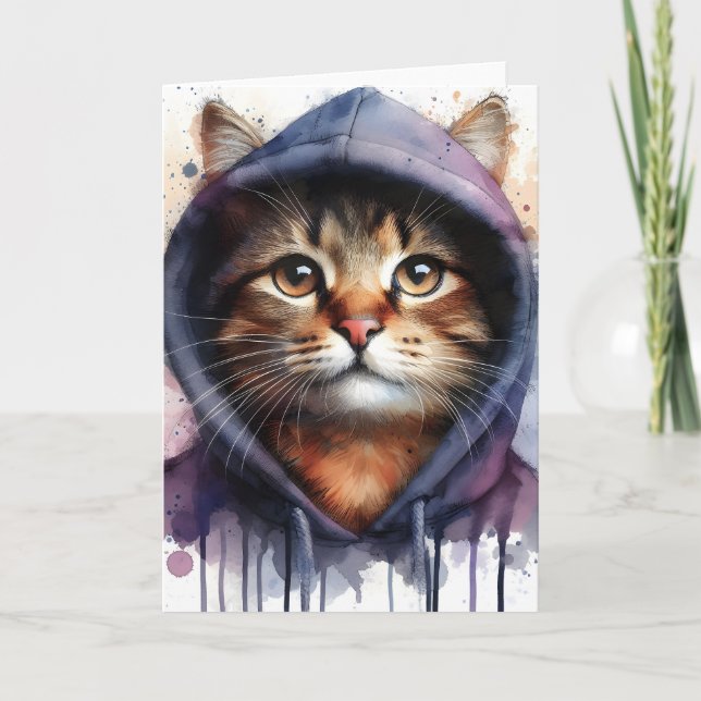 Carte Chat à l'aquarelle en bleu violet avec sweat à cap (Devant)