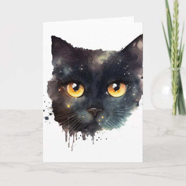Carte Chat à l'aquarelle noire dégoulinante (Devant)