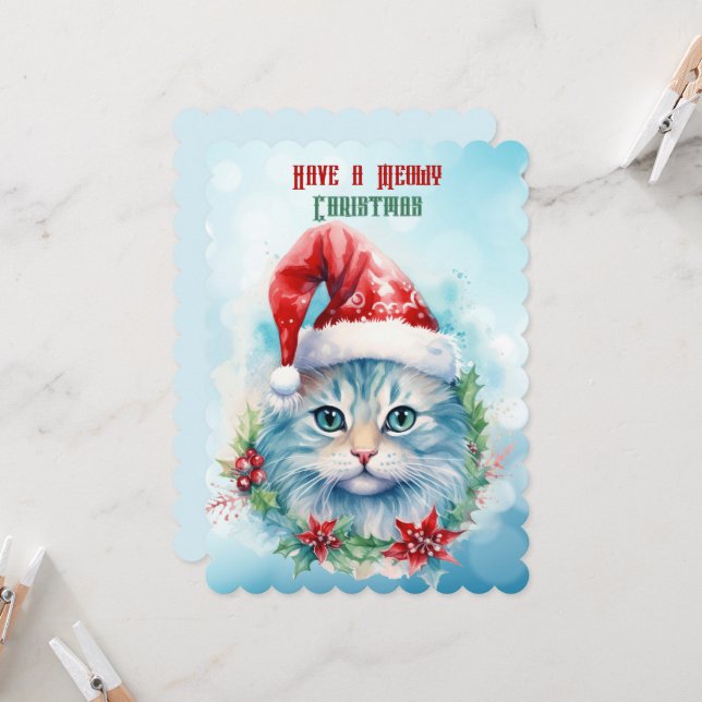 Carte Chat À Santa Hat Avoir Un Noël Meowy (Devant/Arrière en situation)
