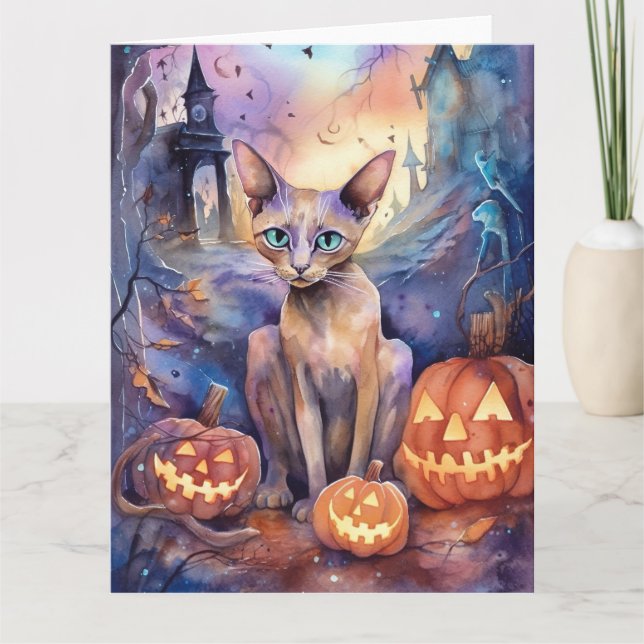 Carte Chat Abyssin d'Halloween avec Citrouille Épouvanta (Devant)