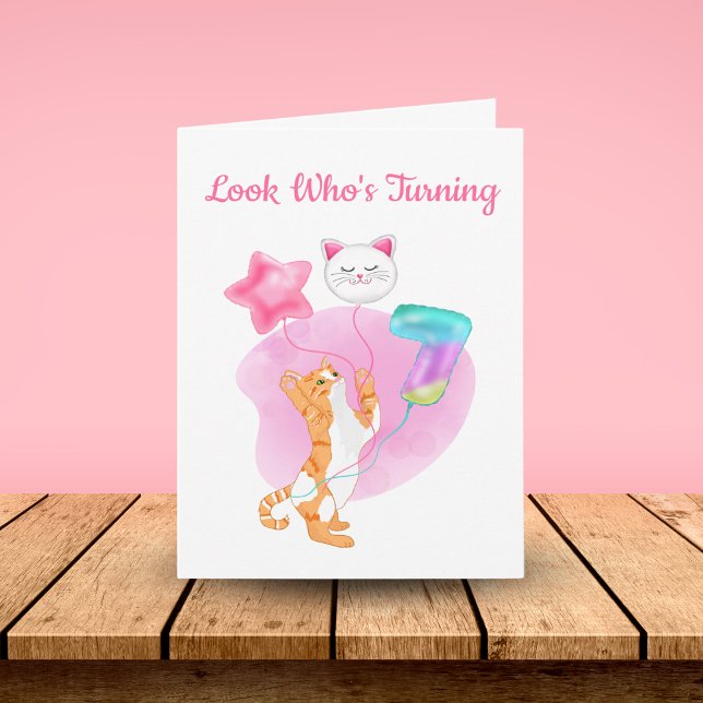 Carte Chat Adorable Avec 7 Ballons Anniversaires (Créateur téléchargé)