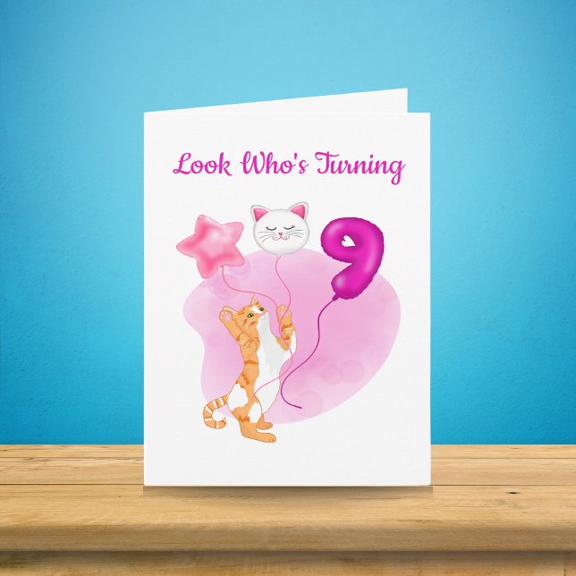 Carte Chat adorable avec Ballons 9e anniversaire (Créateur téléchargé)