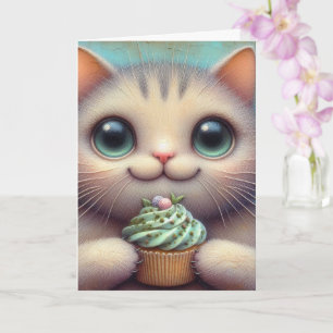 Carte Chat adorable avec un cupcake à l'herbe à chat pou