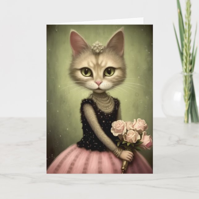 Carte Chat adorable tient des roses roses (Devant)