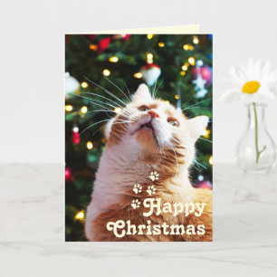 Carte Chat amusant et arbre vert&Joyeux Noël Unique C