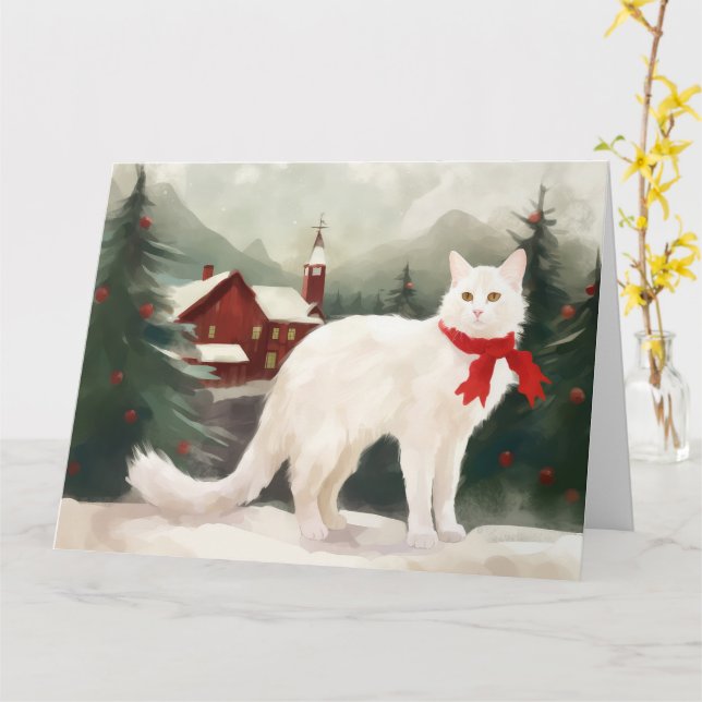 Carte Chat Angora turc en Noël de neige (Fleur jaune)