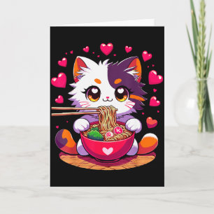 Carte Chat Anime Mangeant Des Nouilles Ramen Avec Des Cœ