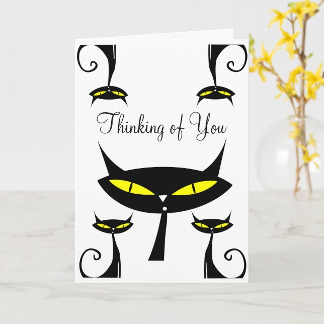 Carte Chat Atomique Moderne du Milieu du Siècle Pensant  (Fleur jaune)