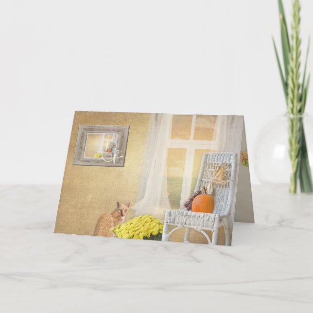Carte chat automne avec fenêtre pour ami (Devant)