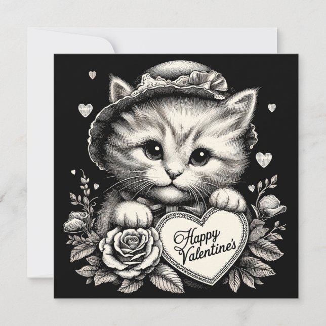 Carte Chat aux fleurs et cœur illustration de la Saint-V (Devant)