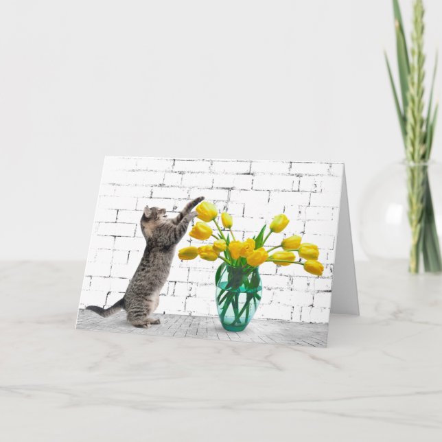 Carte Chat aux tulipes jaunes (Devant)