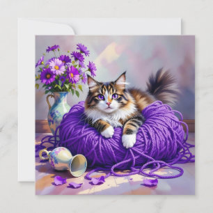 Carte Chat aux Yeux Violets dans de la Laine Violette et