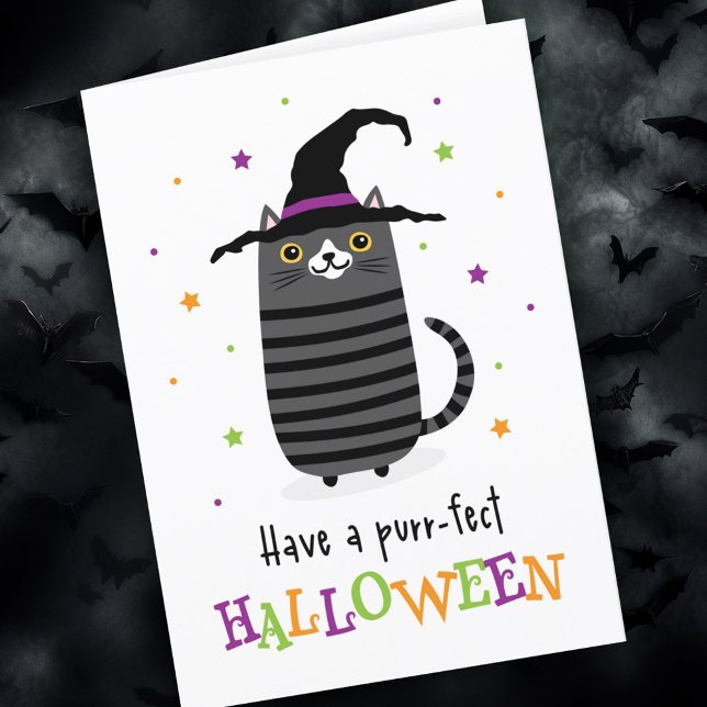 Carte Chat avec casquette sorcier Avoir une Halloween pu (Cat with witch hat Have a purr-fect Halloween Card)