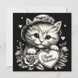 Carte Chat avec Fleurs et Coeur Valentine Illustration