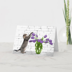 Carte Chat avec tulipe pourpre