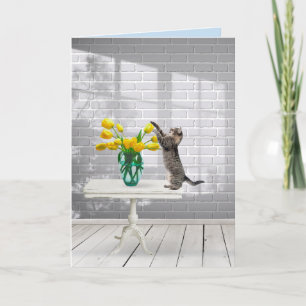 Carte Chat avec tulipes jaunes Nom Jour