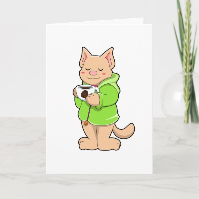 Carte Chat avec une tasse de café & pyjama (Devant)