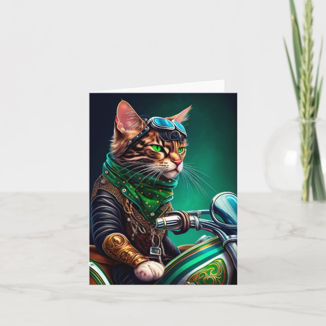 Carte Chat Bengal conduisant un vélo pour la Saint-Patri (Devant)