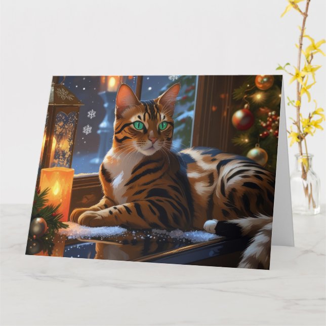 Carte Chat Bengale Avec Lumières De Noël (Fleur jaune)