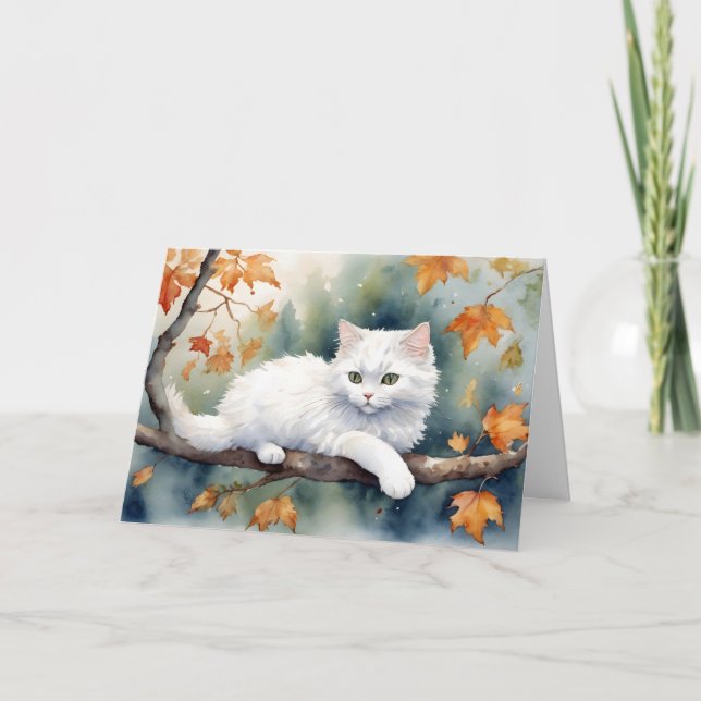 Carte Chat Blanc À L'Automne Feuilles Anniversaire (Devant)