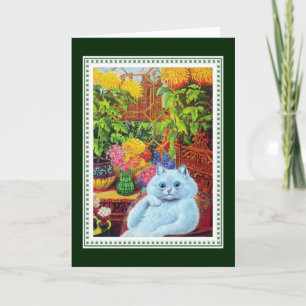 Carte Chat blanc anthropomorphique encadré de fleurs jau