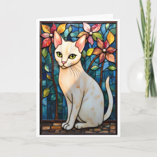 Carte Chat blanc aux fleurs de style vitrail (Devant)