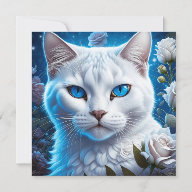 Carte Chat blanc aux yeux bleu clair Floral (Devant)