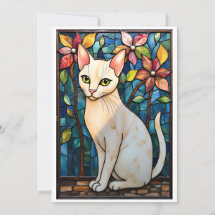 Carte Chat blanc avec fleurs à plat de style vitrail