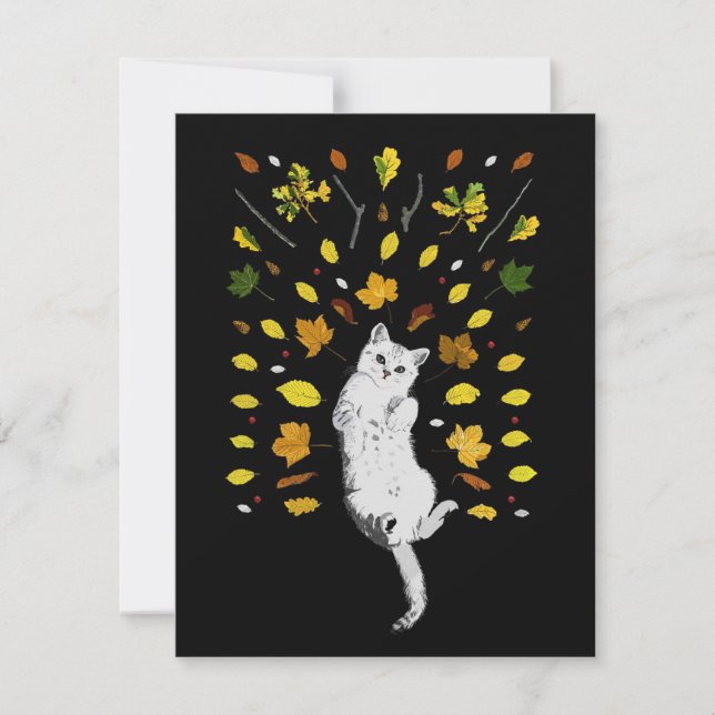 Carte Chat blanc avec illustration des feuilles de chute (Devant)