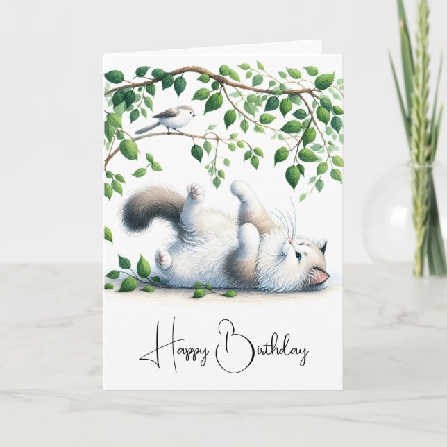 Carte Chat blanc avec oiseau Jouer Anniversaire (Devant)