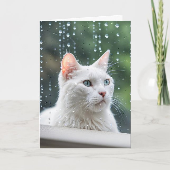 Carte Chat Blanc Dans La Fenêtre Pluie Se Bien Bientôt (Devant)