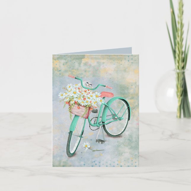 Carte chat blanc dans le panier de marguerite pensant à  (Devant)