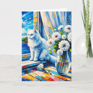 Carte Chat blanc dans le rebord de fenêtre Vue sur l'océ