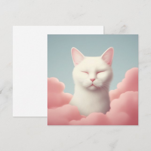 Carte Chat Blanc Dormant Dans Les Nuages (Devant / Derrière)