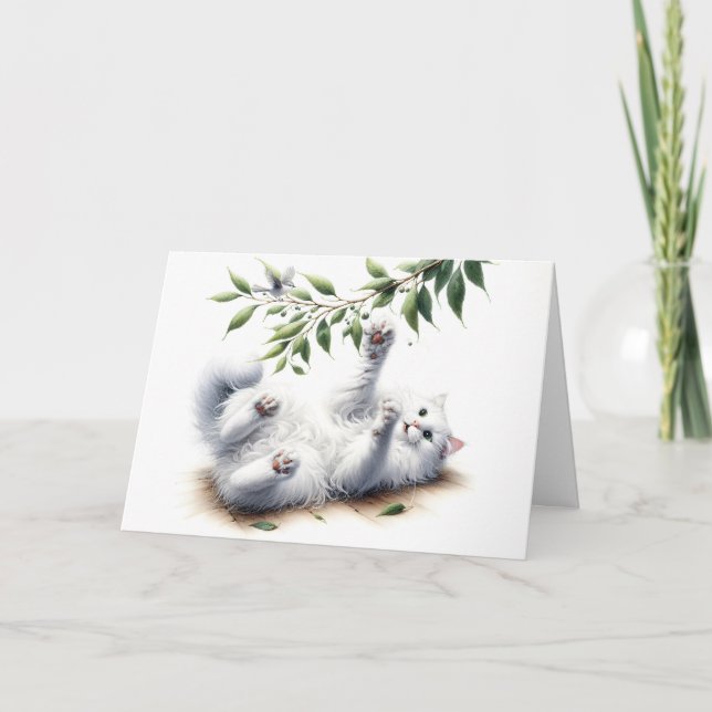 Carte Chat Blanc Jouant Pour Anniversaire (Devant)
