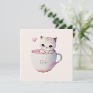 Carte Chat blanc-rose mignonne dans une tasse de thé (4)